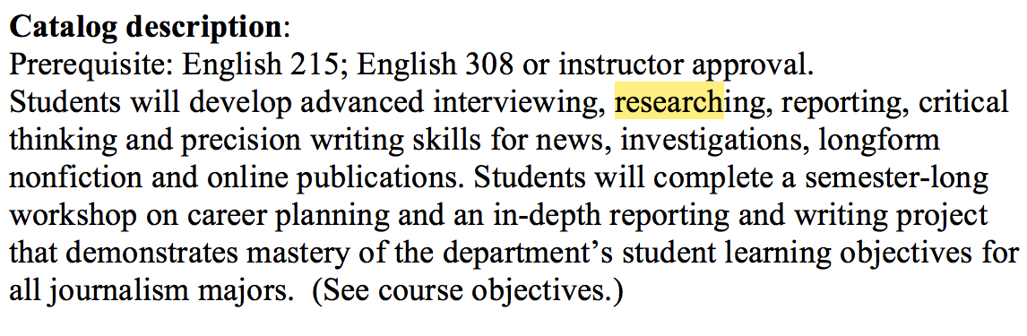 The Chapman University course catalog entry for English 498: Senior Seminar for Journalism is shown. The sentence in the course description that mentions research is highlighted. 