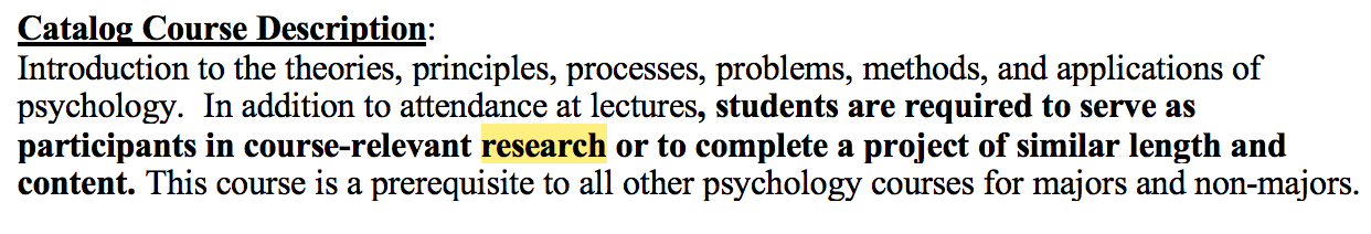 A syllabus for a Psychology 101 course at Chapman University is shown. The sentence in the course description that mentions research is highlighted. 